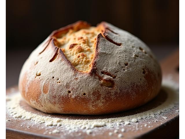 Artisanal sourdough bread loaf with a perfectly crusted exterior and open crumb