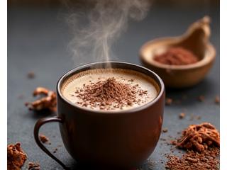 Steaming mug of coffee with reishi mushrooms and ashwagandha powder nearby.