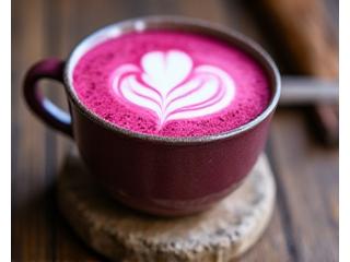 A pink beetroot latte with latte art on top, rustic background.