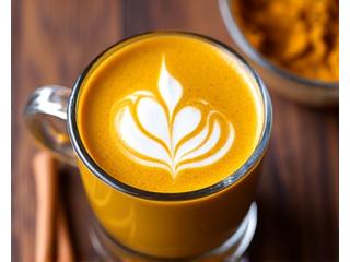 A vibrant golden turmeric latte with cinnamon stick on a light background.