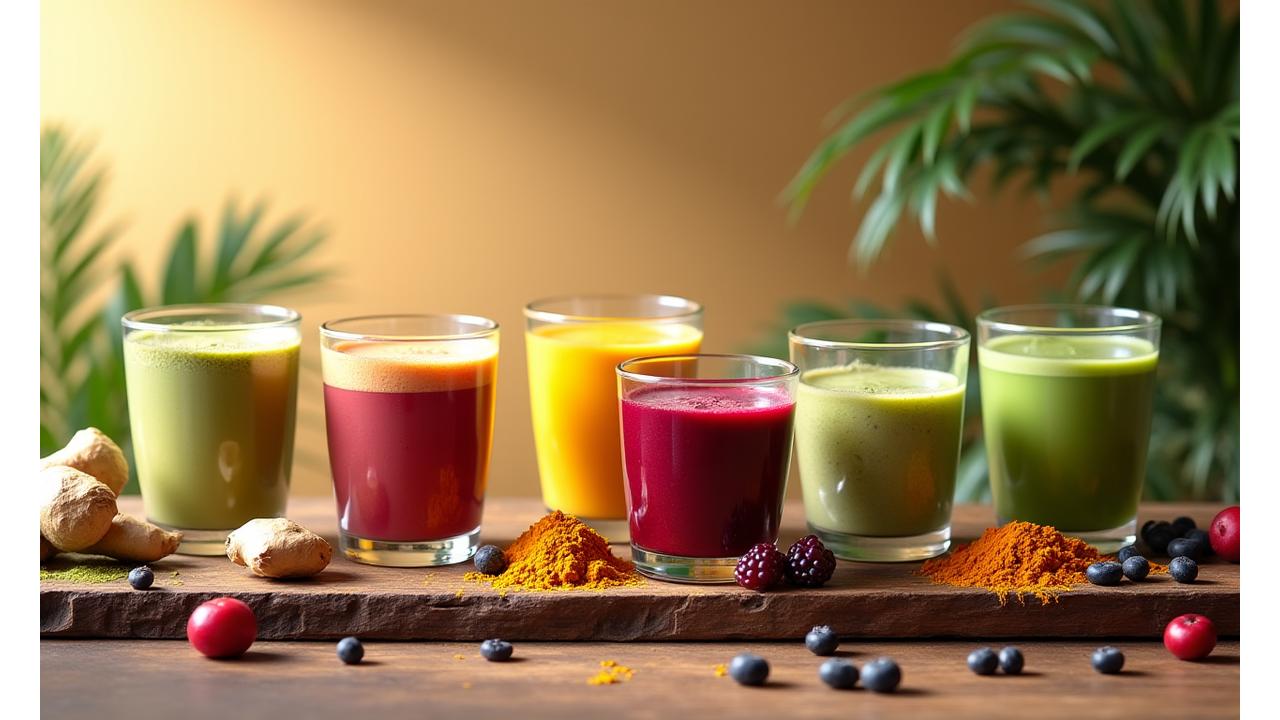 Variety of colorful plant-based beverages in clear glasses with fresh ingredients, set on a rustic wooden table.