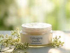 Plant-based collagen powder container with small plants.