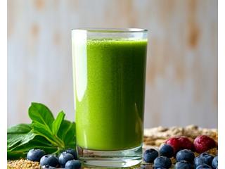 Green smoothie with plant protein powder and fresh spinach, berries.