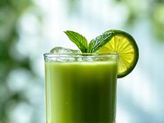 Refreshing iced matcha with lime slices and mint for summer.