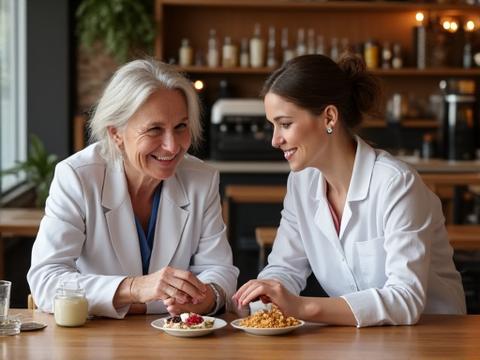 Person showing ingredients to another person at a table, discussing wellness and drinks.