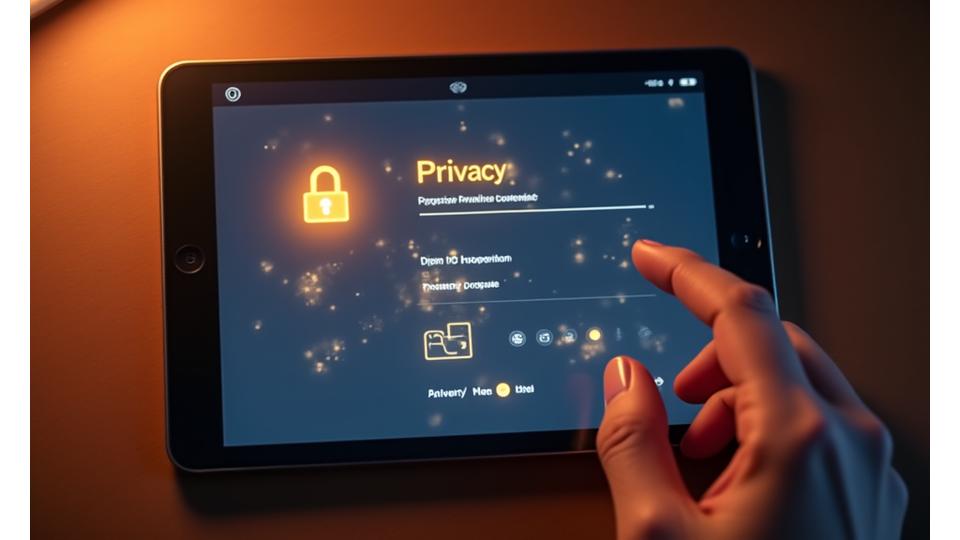 Conceptual image of a hand interacting with a digital interface showing privacy settings and control options.