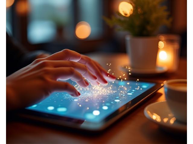 Close-up of hands typing on a laptop with abstract digital data flowing around, representing secure online interactions.