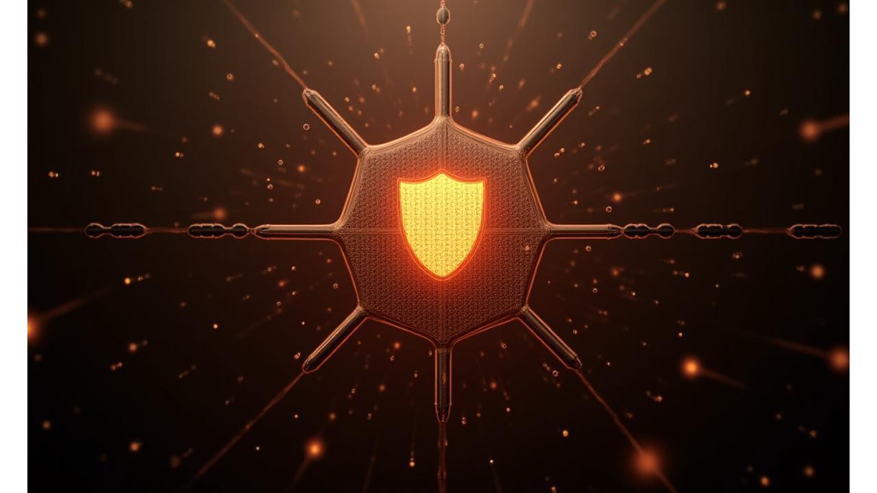 Abstract depiction of digital security with a network of glowing lines and nodes protecting a central data icon, conveying robustness.