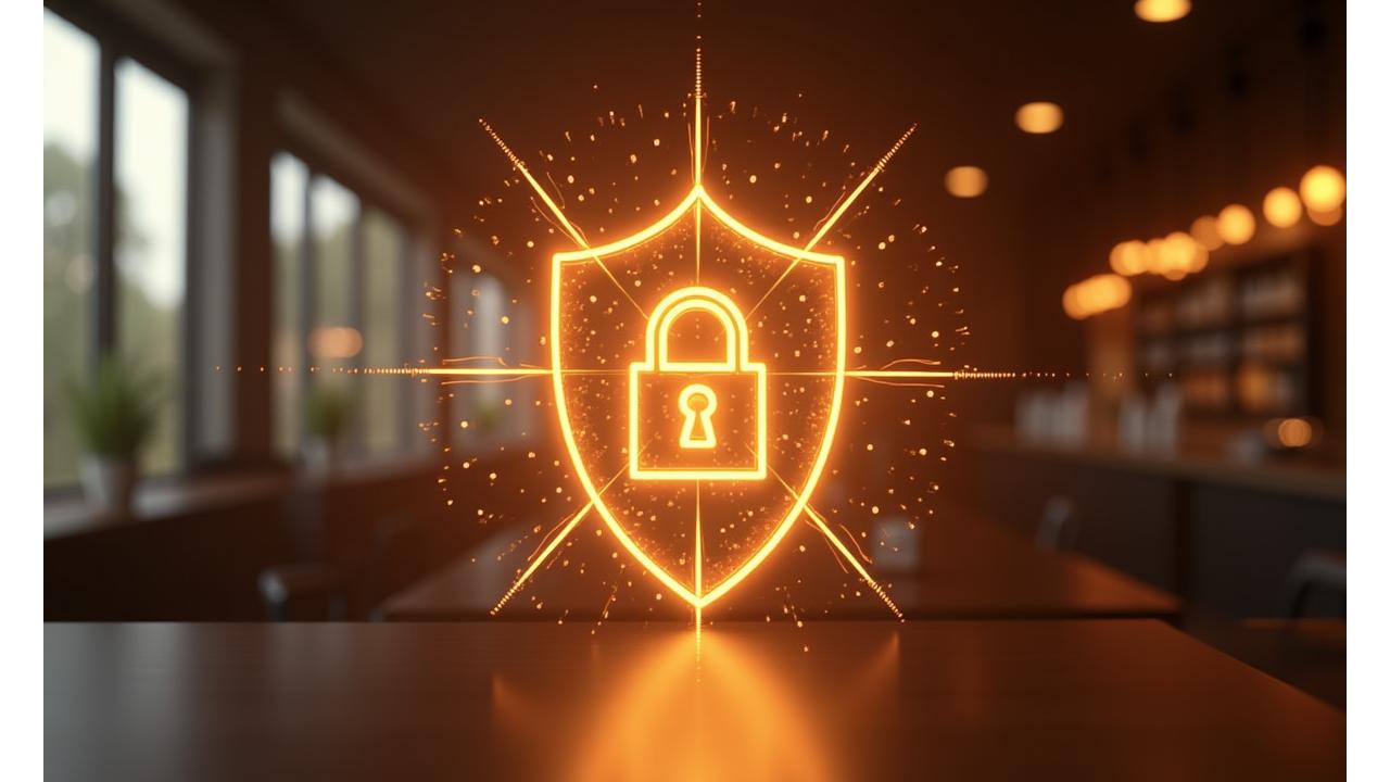 Stylized graphic representing data security, with abstract shields and locks, set against a warm, inviting café background.