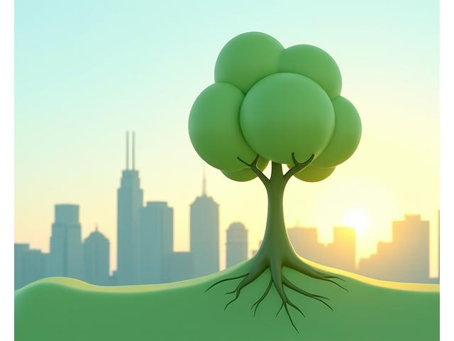 Illustration of a stylized tree with roots extending into a cityscape, symbolizing urban greening and carbon sequestration. A subtle carbon neutral logo is incorporated.