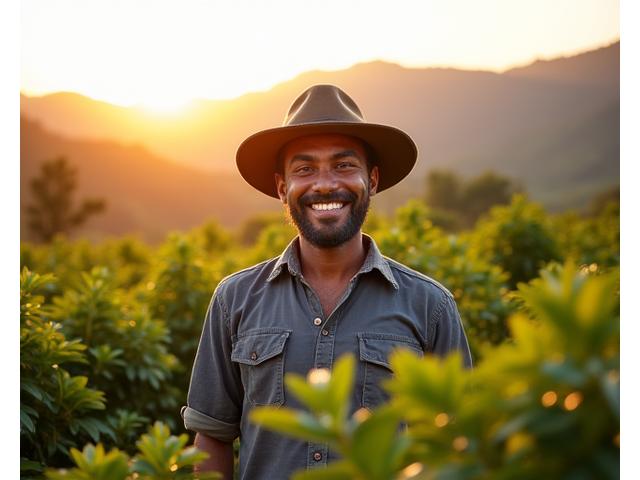 A coffee farmer smiling, standing proudly amidst lush coffee plants, with a mountainous landscape in the background. The scene exudes warmth and authenticity.