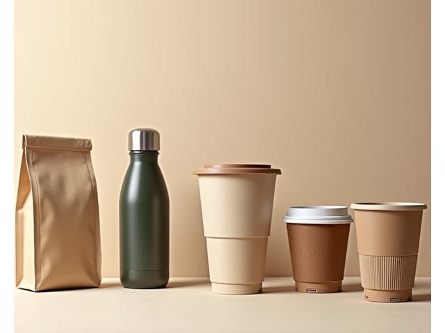 Various examples of eco-friendly coffee packaging: compostable coffee bags, reusable travel mugs, and paper cups with plant-based linings, all aesthetically arranged.