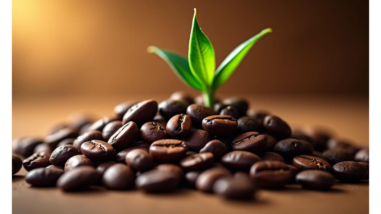 Close-up of coffee beans with a single green leaf emerging, symbolizing growth and renewal. Sunlight gently illuminates the scene.