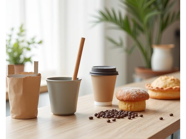 A collection of stylish reusable coffee cups and compostable takeaway containers on a rustic wooden counter, with coffee beans scattered around.